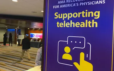 The common area outside the AMA House of Delegates meeting hall included several posters that note some of the key policies of the American Medical Association, including telehealth. COVID brought telemedicine to the forefront of medicine and showed doctors across all specialties its utility. The AMA is now lobbying to keep reimbursements for telehealth after the COVID-19 pandemic. AMA #AMA22 #AMA2022 #AMA175 #AMAmtg